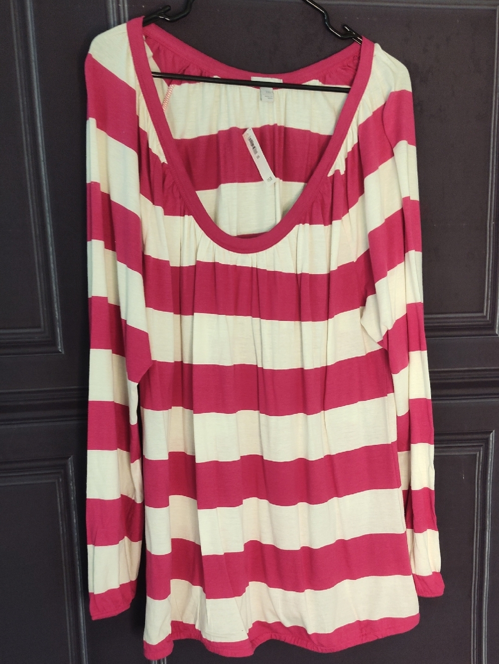 Old Navy Fuchsia and Cream Wide-Striped Scoop Neck Long Sleeve Tee